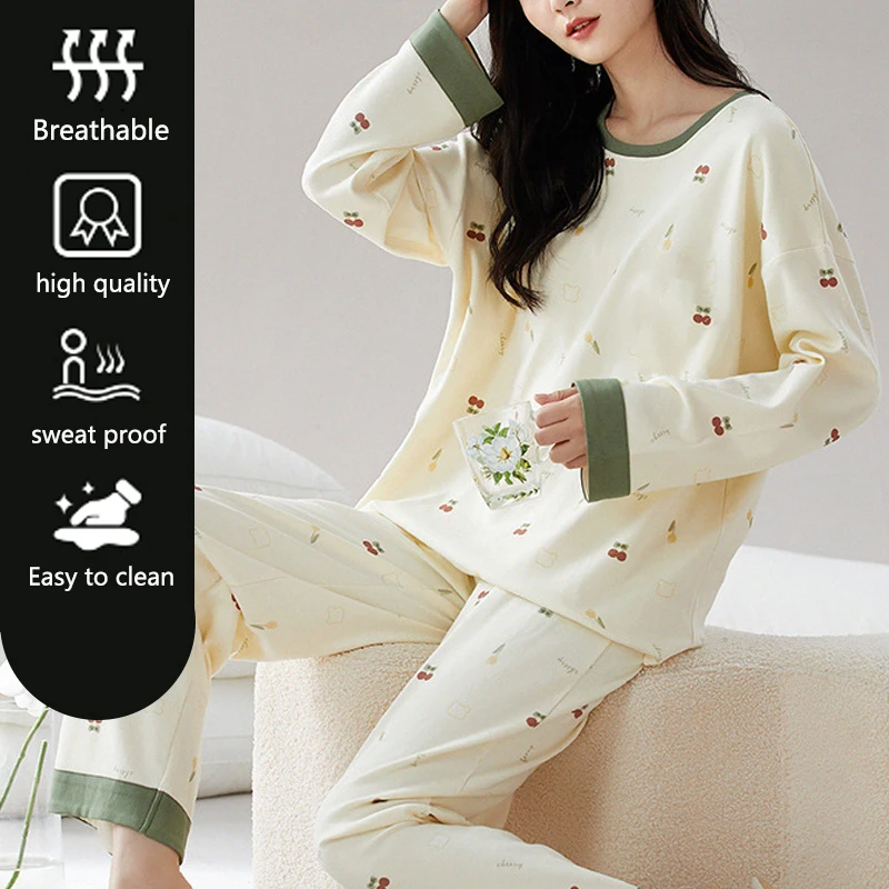 2Pcs/set Women\'s Pajamas Homewear Autumn and Winter Long Sleeve Long Pants Cartoon Cute Large Size 2xl Round Neck Set Student Pa