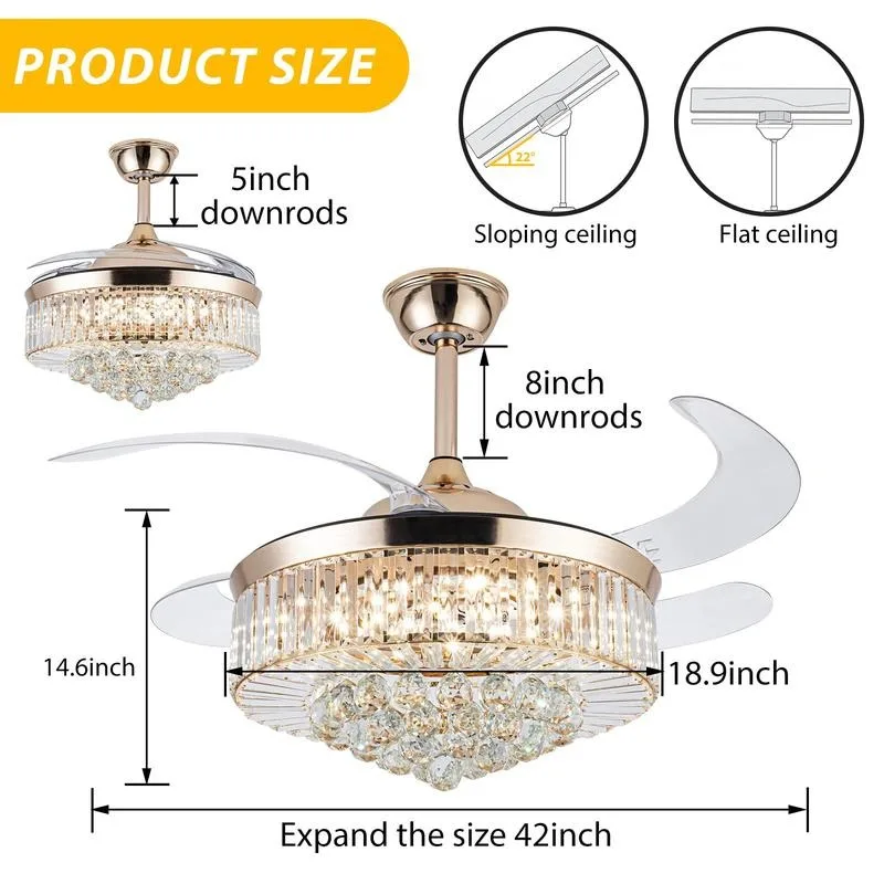 42''Reversible Chandelier Crystal Ceiling Fan with Lights, Stepless Dimming Modern Ceiling Fan Remote Control Retractable