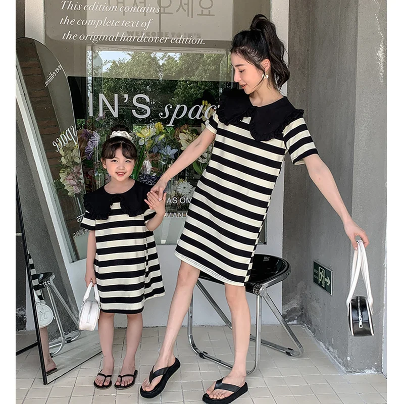 Mom And Daughter Korea Dress With Big Collar Baby Girls And Women's Fashion Dresses 2022 Parent-Child Matching Summer Clothing