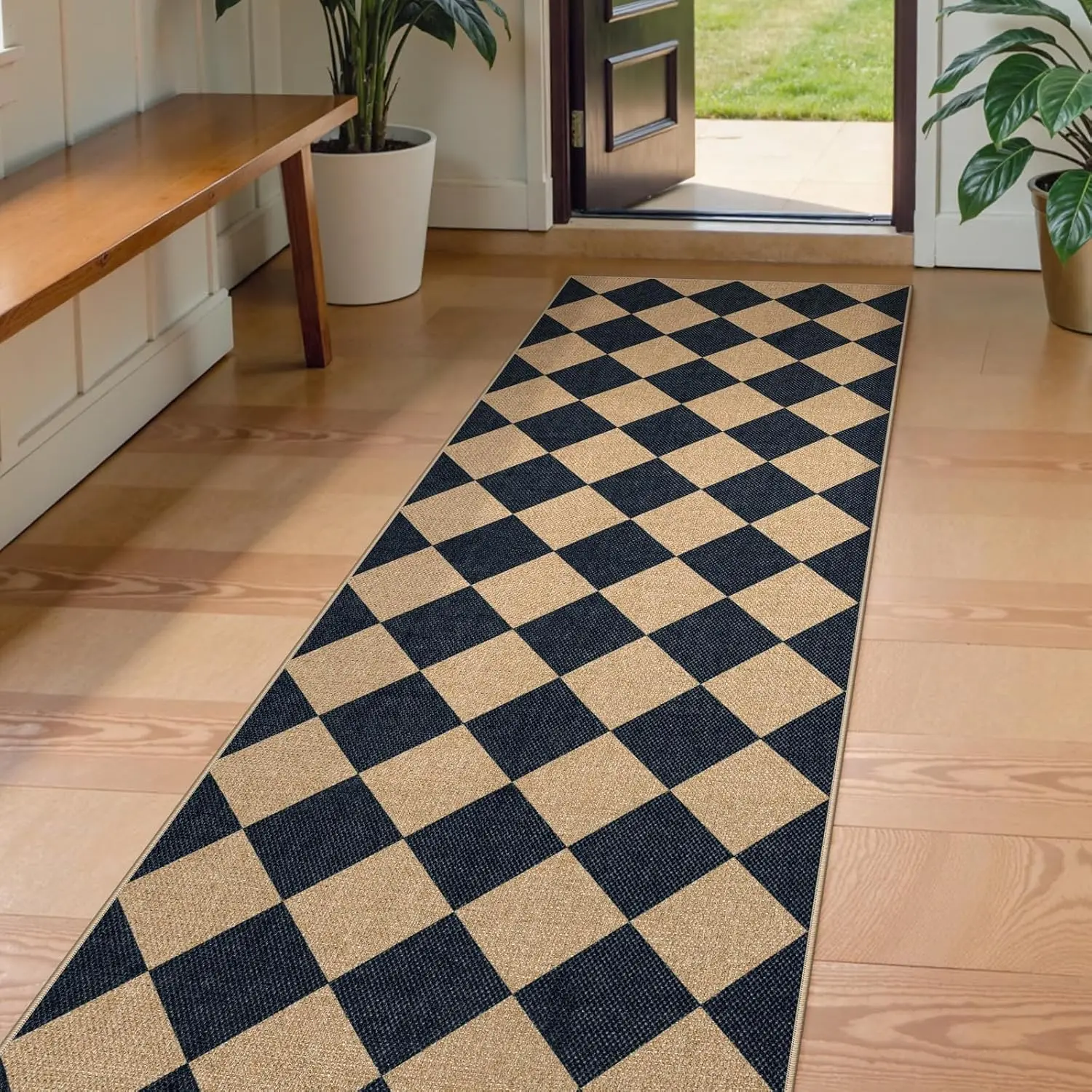 

Checkered Runner Rug 2x8 Non Slip Washable Indoor Outdoor Carpet for Hallway Kitchen Entryway Modern Farmhouse