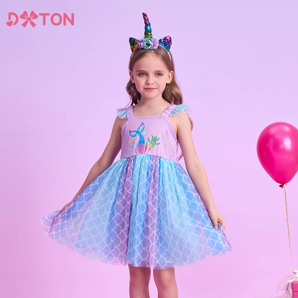 

DXTON New Girls Summer Dress Sling Ruffles Children's Princess Dress Mermaid Starfish Pattern Birthday Wedding Kids Casual Dress