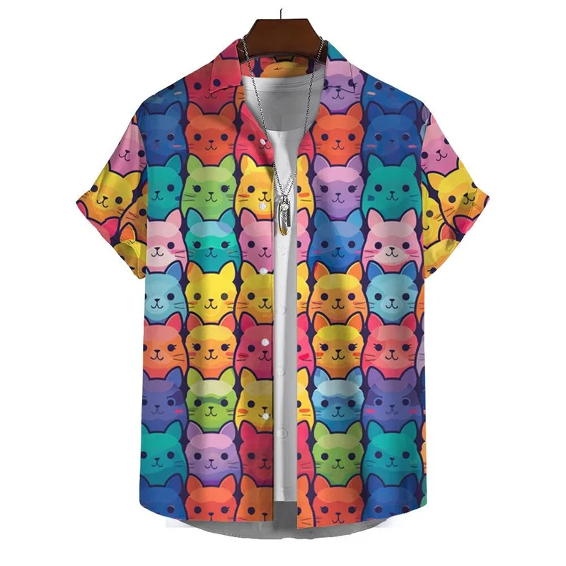 3D Printed Cute Cat Hawaiian Shirt For Men Colorful Splicing Pattern Blouse Summer Oversized Lapel Short Sleeves Aloha Shirts