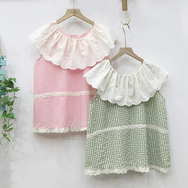 

Summer New Japanese Sweet Mori Girl Plaid Embroidery Patchwork Vest Shirts Women Y2K Ruffled Collar Sleeveless Casual Tank Tops