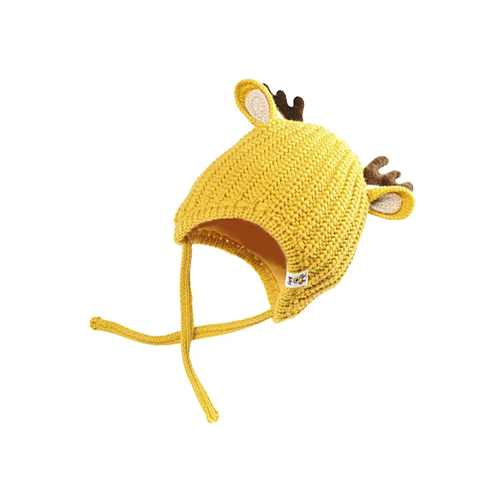 

Children Winter Kids Antler Woolen Cap Yellow 1-5 Years Old Warm Knitted Crochet Christmas Hat Baby Knitted Hat