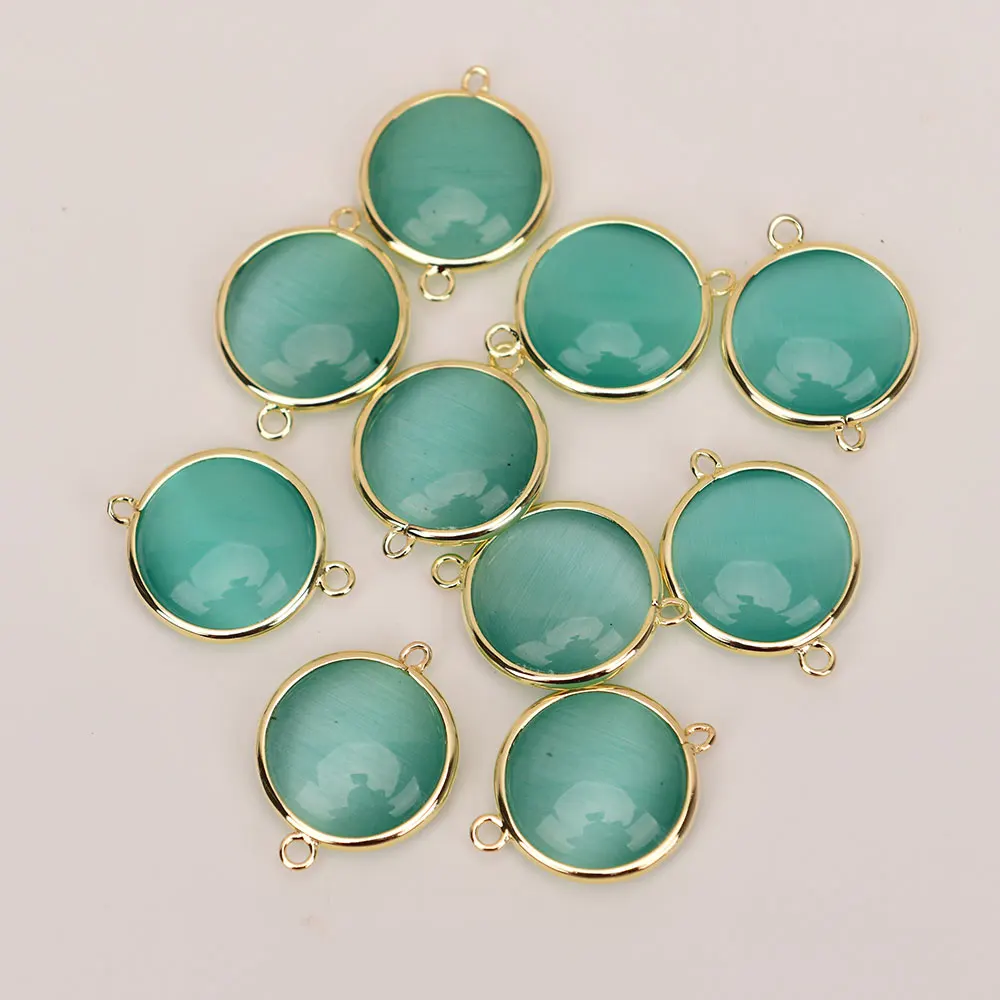 10 Pcs 22mm Natural Blue Cat eye Stone Coin Connector Gold Edged Loose Beads For Jewelry Findings DIY