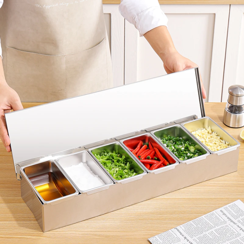 Stainless steel seasoning box, multi grid integrated seasoning box, commercial ingredient box, household kitchen seasoning tank,