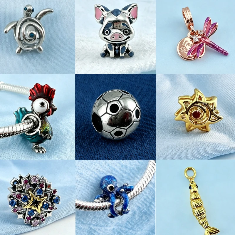 9Pcs Ocean World Beads Rooster Football Dragonfly Charms DIY Bracelet Making Jewelry Accessories