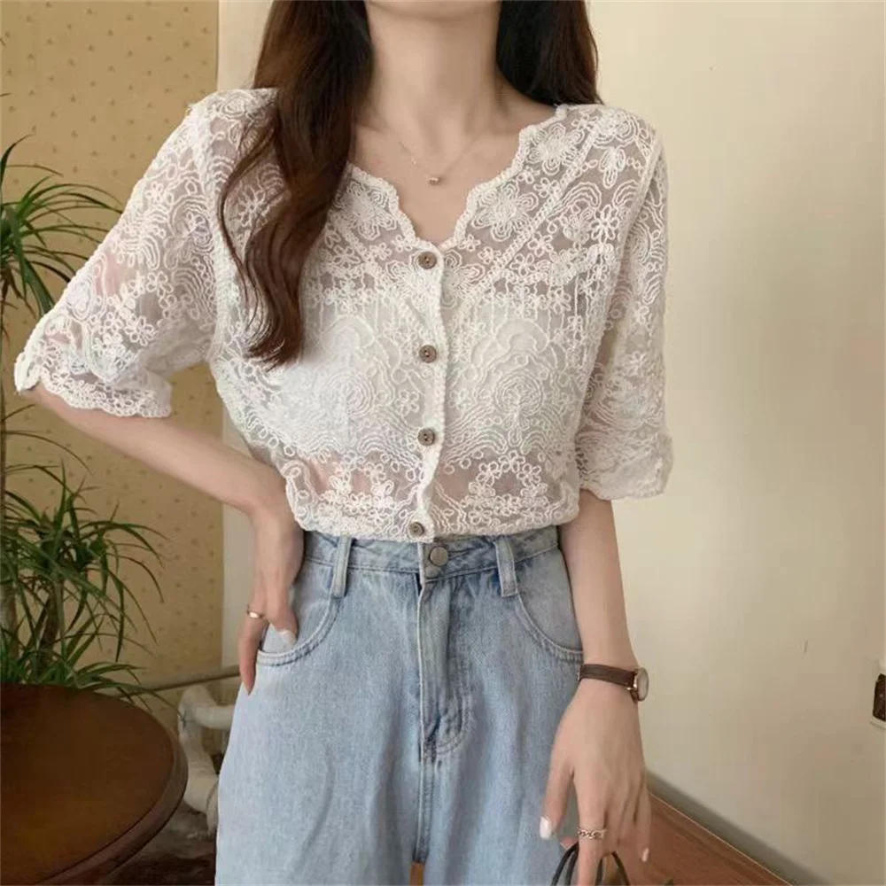 

2026 Korean Fashion New Spring Summer Lace Short Open Cardigan Coats Women's V-neck Top Cotton Embroidery Loose Clothes Tops