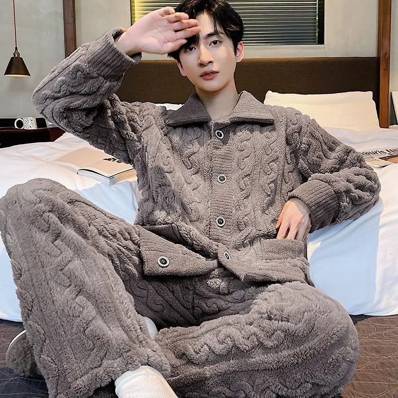 Male Pajamas Men's Loose Winter Homewear Suit Oversized Warm Flannel Styles Loungewear Coral Velvet Home Clothing Sets Pijamas