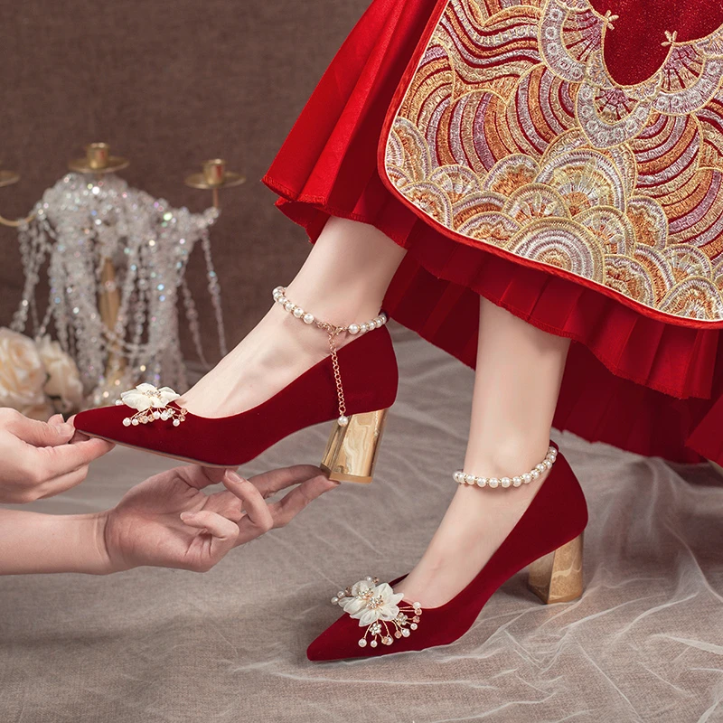 Comemore Red High Heel Chinese Style Bridal Wedding Shoes Women 2024 Beaded Women's Shoe Pointed Toe Pumps Fashion Pump Heels 34