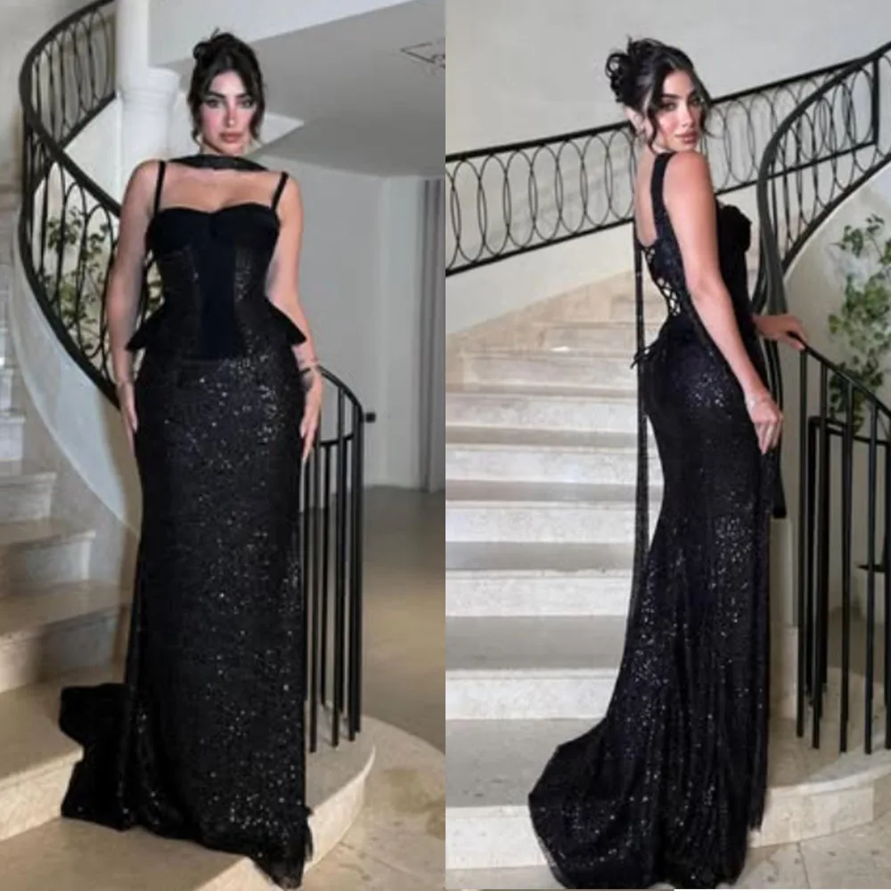 

High Quality Customized Sweetheart Floor Length Black Thin Suspender Sleeveless Luxury Evening Dress فساتين حفلات Robe De Soirée