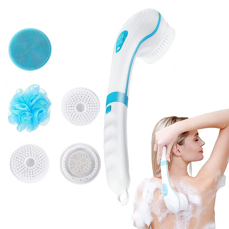 5 In 1 Electric Bath Brushes Silicone Handheld Massage Shower Brush USB Waterproof Long Handle Body Cleaning Exfoliating Tool