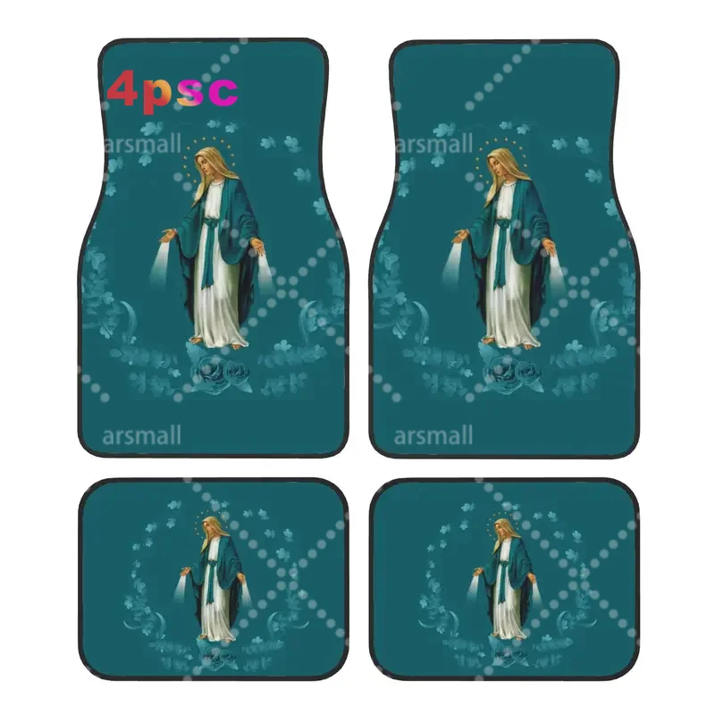 Holy Mary Car Floor Mats of 4 Pieces Crystal Velvet Carpets Rugs Catholic Virgin Mary Universal Car Front Rear Carpets Foot Mats
