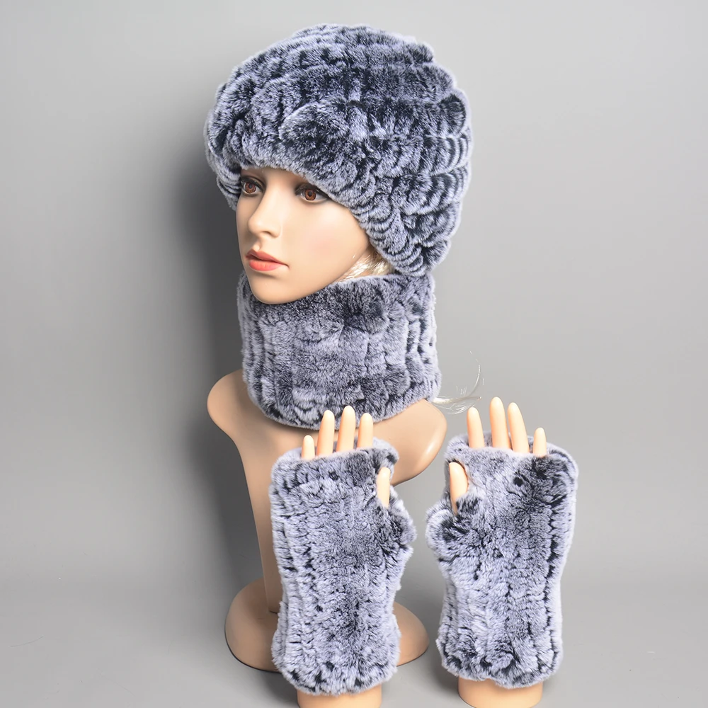 Women Winter Knit Elasticity Real Rex Rabbit Fur Hat Scarf Gloves Sets Natural Warm Rex Rabbit Fur Cap Scarves Mittens 3 Pieces