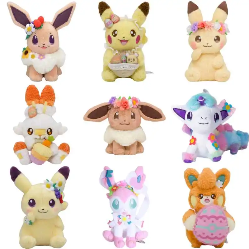 HQ Original Pokemon Plush Easter Series Wreath Pikachu Eevee Scorbunny Sylveon Ponyta Pawmi Plushies Toys Hobbies Kids Xmas Gift