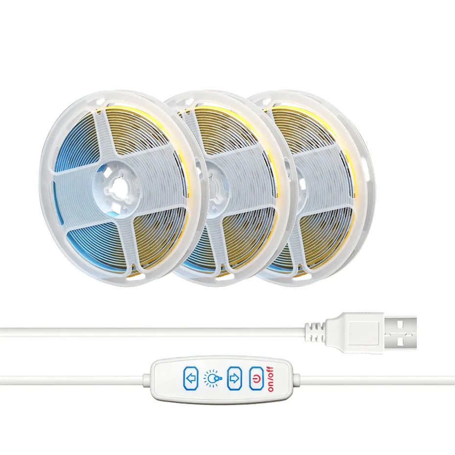 5V USB COB LED Strip Light 3Keys Dimmable 320LEDs/m 1-5m 8mm Flex Ribbon Warm/Cold/Neutral White for Mirror Backlight Cabinet