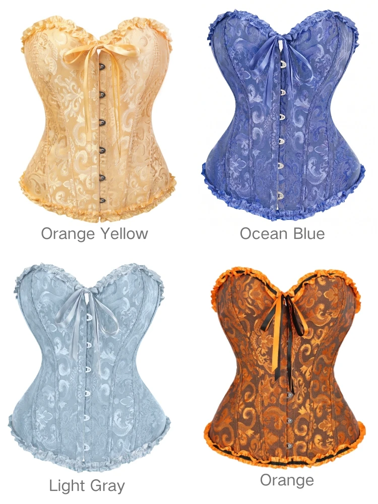 Gotisches Jacquard-Korsett-Oberteil mit Rüschenkragen, Stahlbügel vorne, verstärkt, Damen, Vintage, Halloween, Cosplay-Kostüm, 28 Farben – Detail 12
