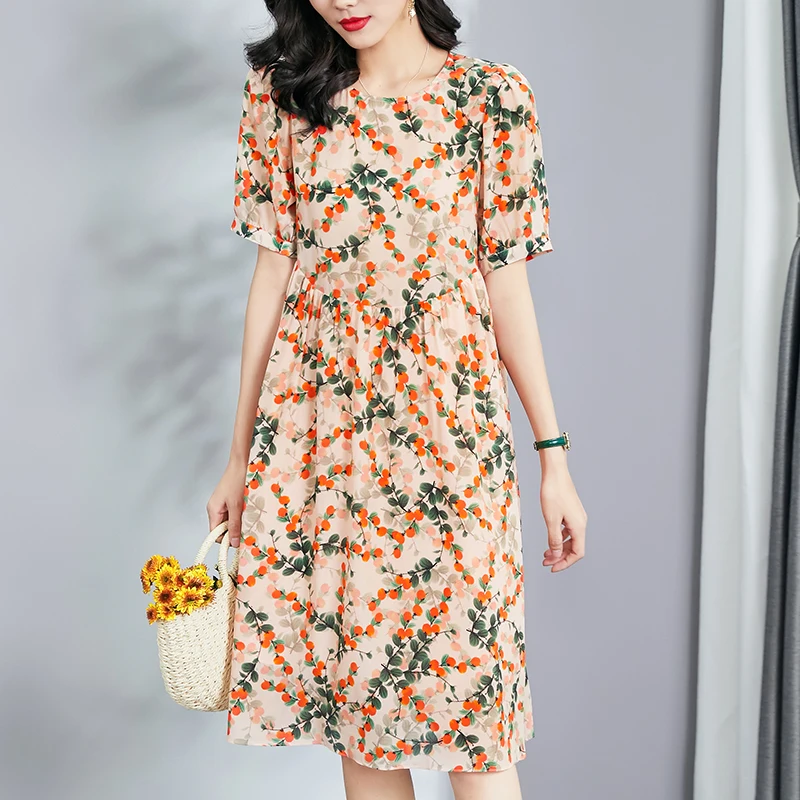 

100% Real Silk Women's Dresses 2024 Summer Chic and Elegant Short Sleeve Women Printed Midi Dress Casual Woman A-line Dress