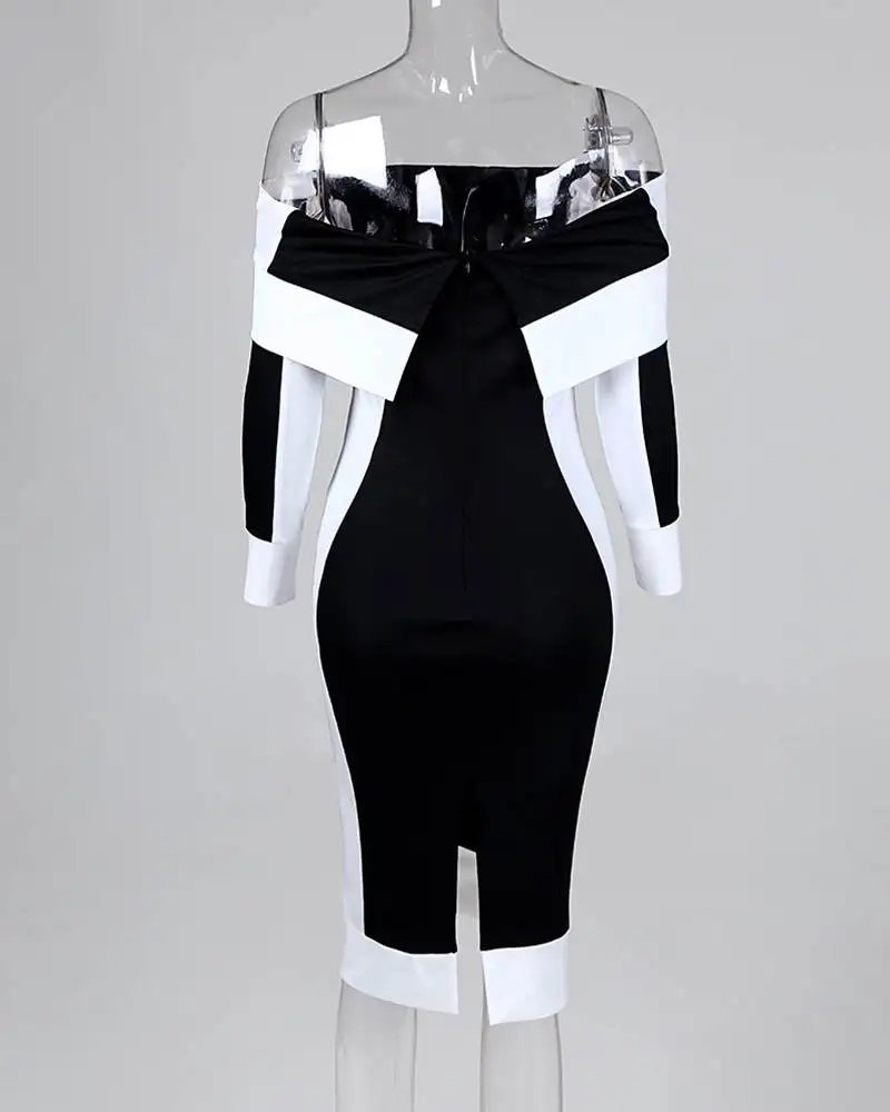 Off-oulder Colorblo Bodycon Dr Faionable Contraste Cor Tight-Fit One Piece Feminino Dr Sli Primavera Outono Wear