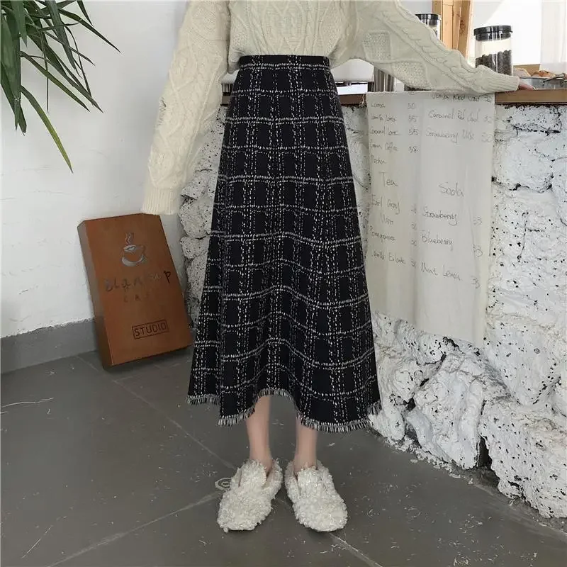 Midi Skirts Women Vintage Fall Winter Soft All-match Aesthetic Casual Slim Simple Korean Style New Harajuku Plaid Elegant Ladies