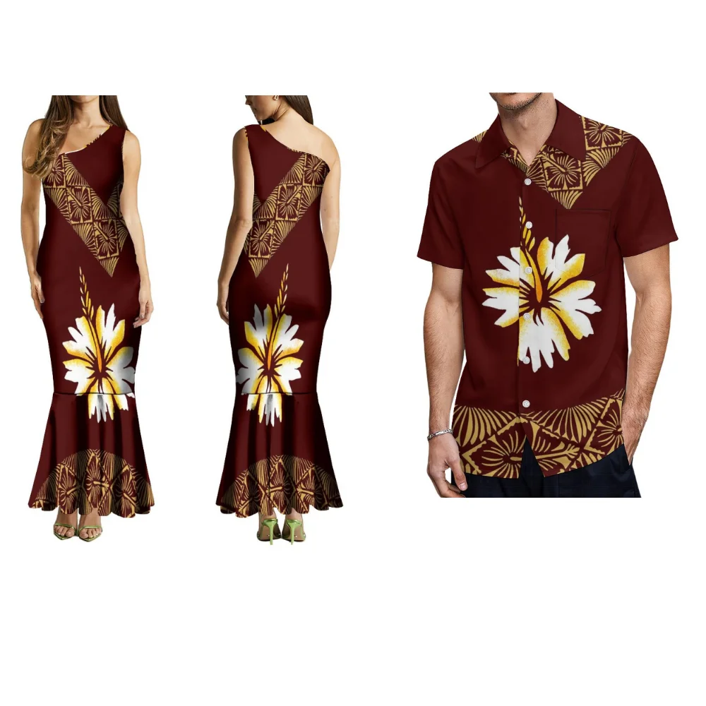 

Polynesian Women's Sexy Oblique Shoulder Dress Samoan Culture Men's Loose Fitting Shirt Chic Couple Fitting On Hawaiian Style