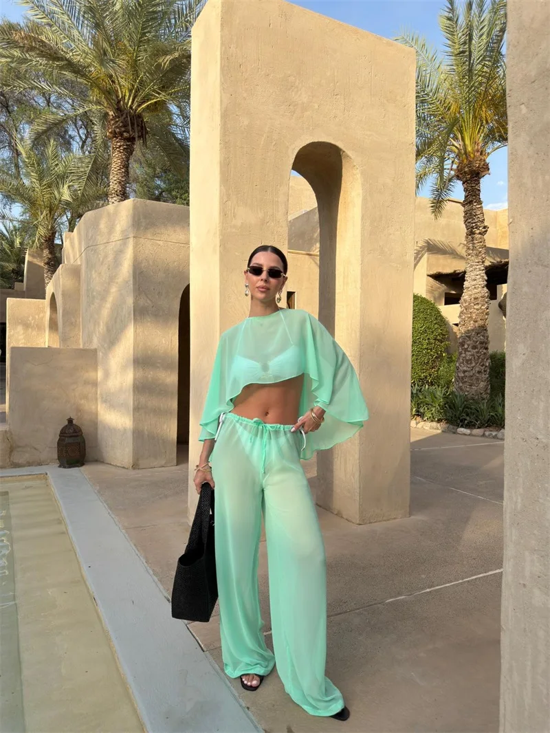 

Summer Women Pants Set 2 Pcs Short Sheer Top Bra+Long Trousers Party Prom Coat Casual Beach Formal Wedding Birthday Wear