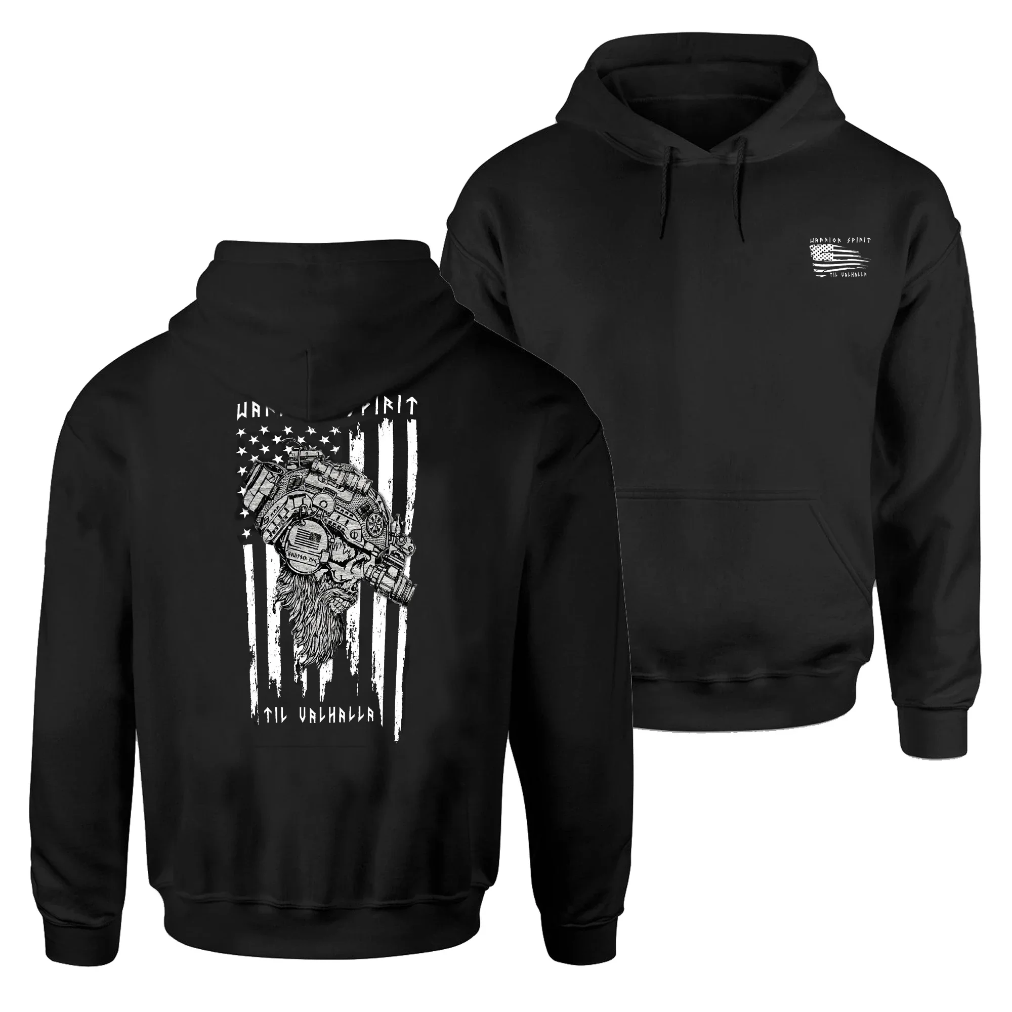 Till Valhalla American Warrior Spirit Tactical Skull Military Grunt Pullover Hoodie 100% Cotton Comfortable Casual Mens Clothing