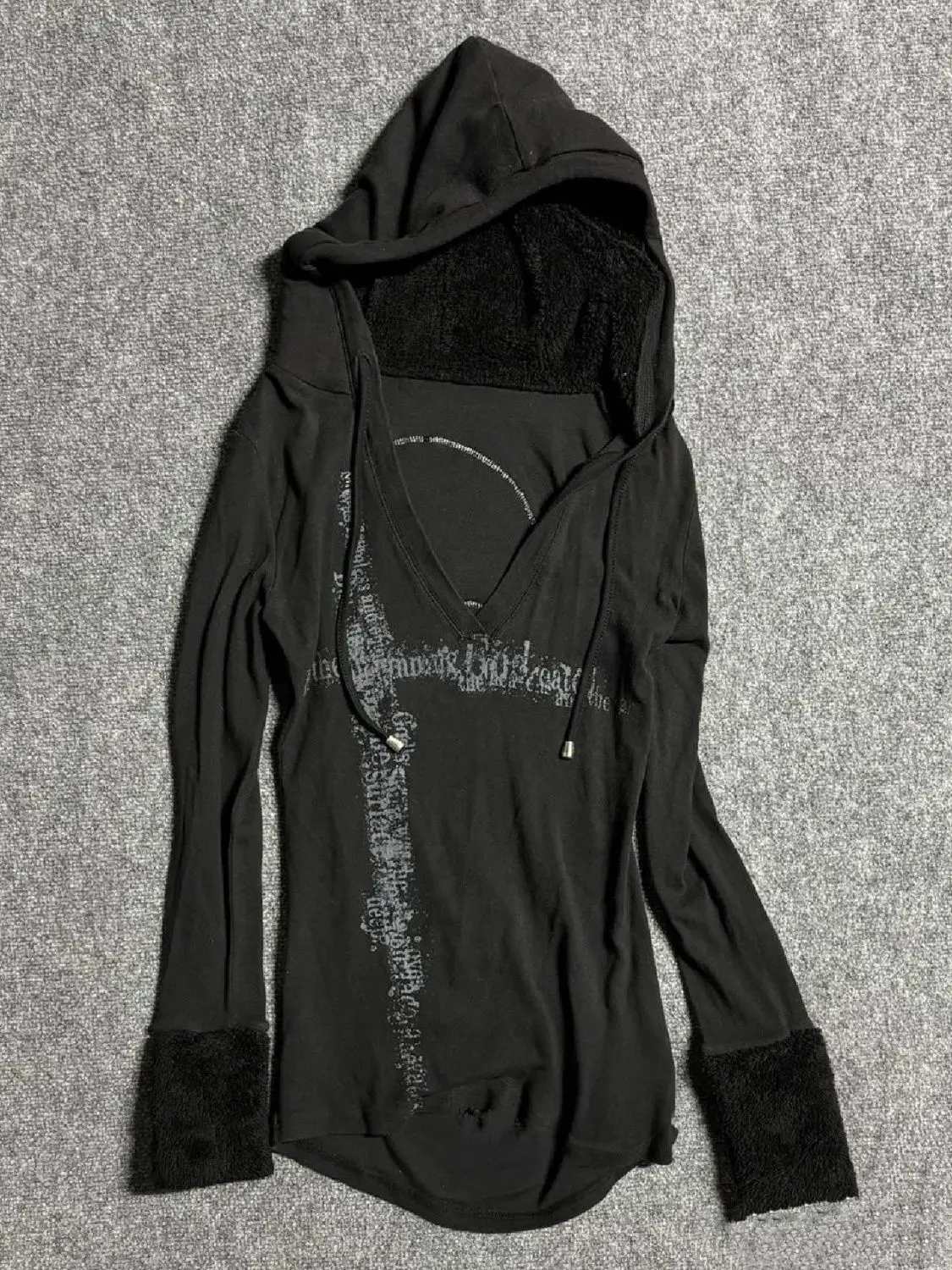 

American Retro Black V-neck Print Slim Waist Long Sleeves Hoodies Women Autumn New Loose Grunge Streetwear Women Y2k Top