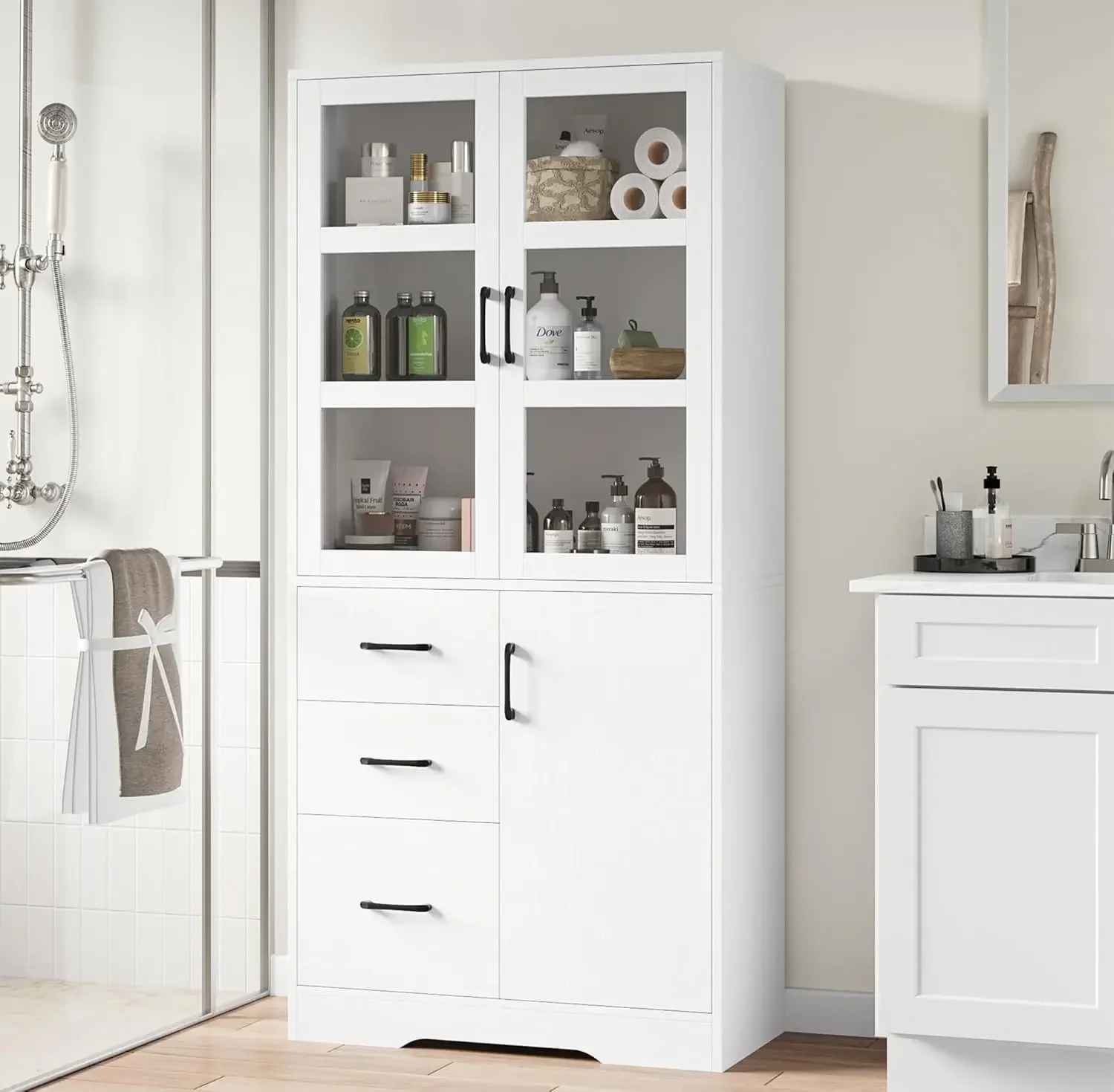 Tall Bathroom Storage Cabinet with Glass Display Doors and Shelves, 67” Modern Tall Cabinet with 3 Drawers, Linen Cabinet Freest