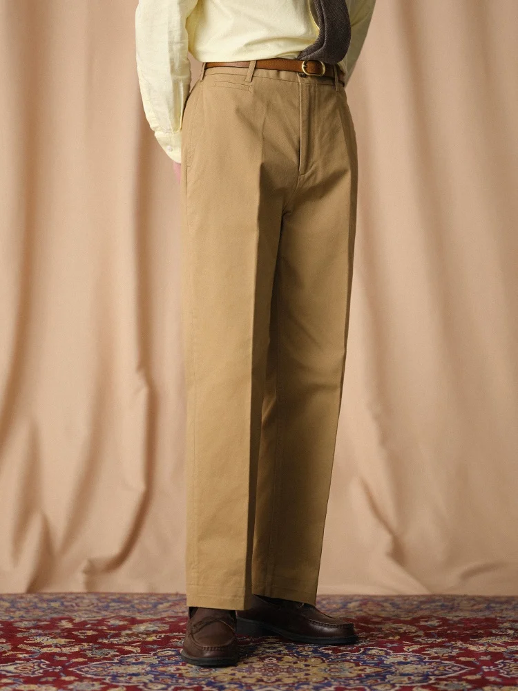 

Classic Retro High Waist Ivy Sle Straight Leg Casual Pants Men's Waed Pure Cotton Khaki Trousers Long Trousers