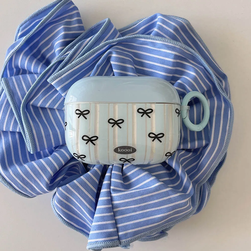 Ins Summer Blue Stripes Transparent Cover For Airpods 1 2 3 Pro 2 3nd Earphone Case Wireless Charging Box Black Bowknot Fundas