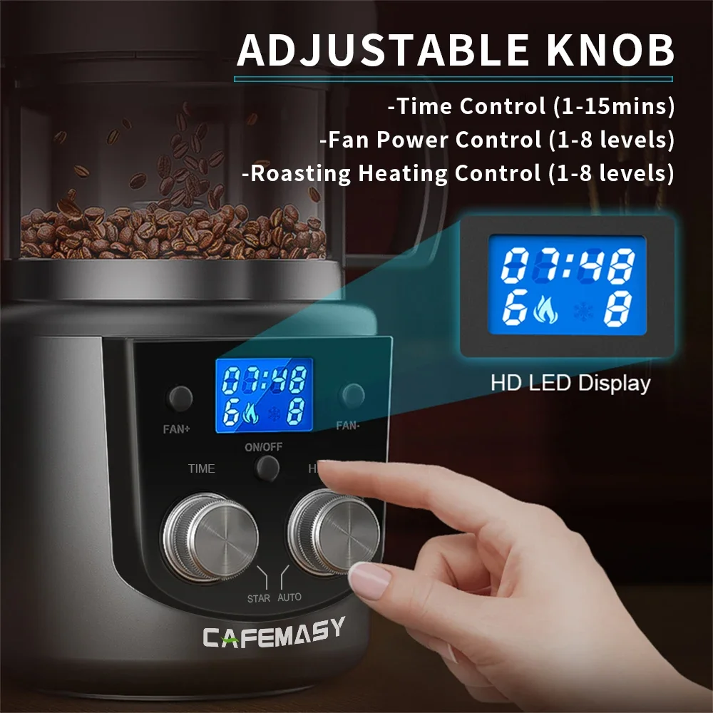 CAFEMASY 80-100 جرام محمصة قهوة منزلية كهربائية صغيرة بدون دخان حبوب البن الخبز آلة تحميص 110-240 فولت محمصة حبوب البن