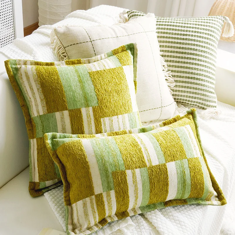 Vintage Luxury Chenille Throw Pillow Cover Olive Green Lumbar Pillowcase with Tassels Modern Farmhouse Decor for Couch Bedroom