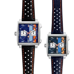 For TagHeuer Genuine Leather Solid Stainless Steel Fold Buckle Monaco Series Classic Blue Orange Line Cowhide 22mm Watch Strap