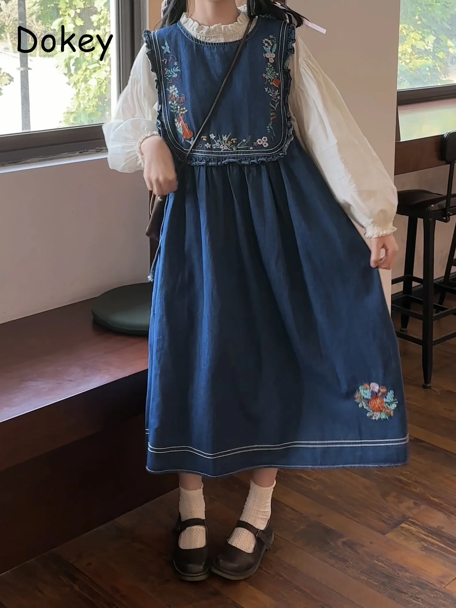 Abito Vintage con bretelle in Denim ricamato donna giapponese Mori Girl Ruffle Jeans senza maniche abito tuta dritta allentata