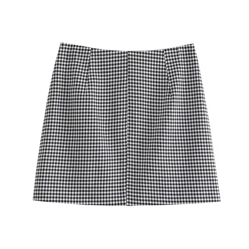 Keyanketian กระโปรง Houndstooth ของผู้หญิงใหม่ฤดูใบไม้ร่วงสไตล์วินเทจกระดุมแถวเดียวไม่สมมาตร ROK MINI ทรงเอเอวสูง