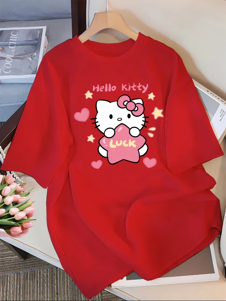 

Sanrio Women's Home & Leisure Round Neck Cartoon T-Shirt Cute Pattern Short Sleeve for Home & Outings Cotton Top Streetwear