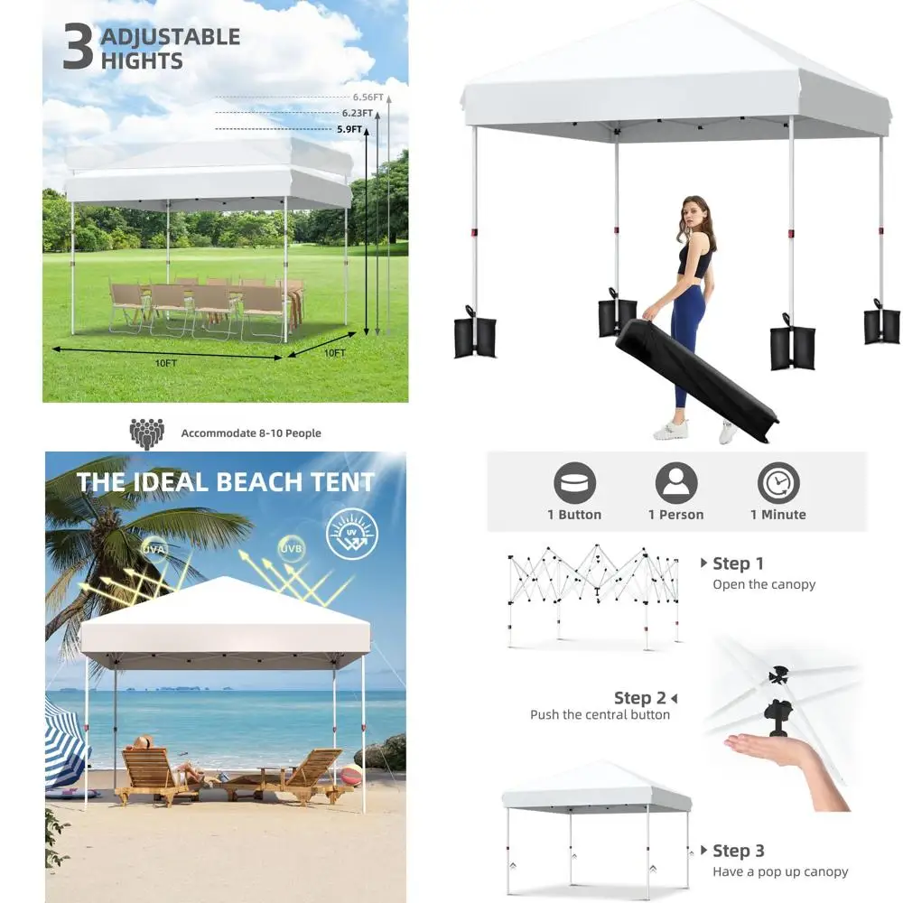 

Instant 10x10 Canopy Tent with Push-Button Setup, Adjustable Heights, and 4 Weight Bags for Outdoor Events - White