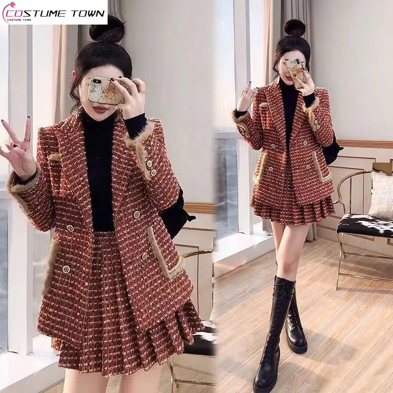 Xiaoxiangfeng autumn and winter new women's suit skirt suit plaid jacket+slim fit skirt two-piece set trendy