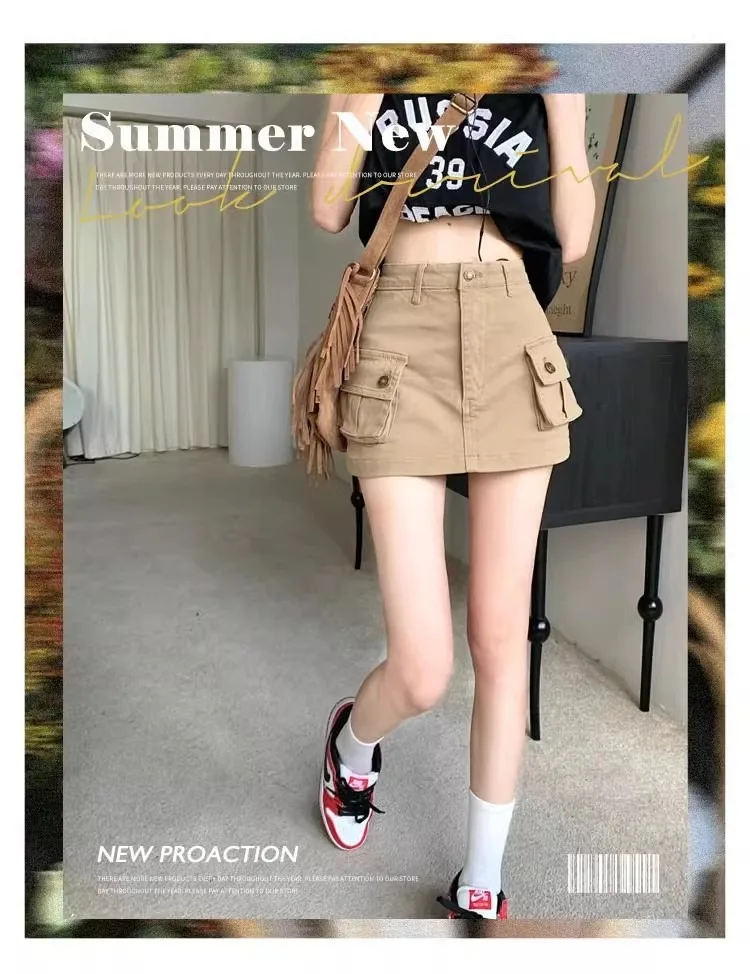 Cowboy-Midirock mit hoher Taille und amerikanischem Khaki-Farbton, kurzer Sommerrock im „Spicy Girl“-Stil, figurbetonter Rock für den Arbeitsalltag. – Detail 1