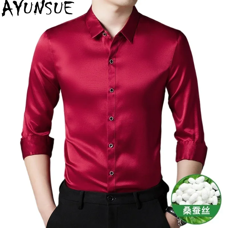 

SYUNSUE 92.5% Mulberry Silk Shirts Mens 2024 Long Sleeve Shirt Camisas De Hombre Spring Men Clothing Black Shirt Casual Tops