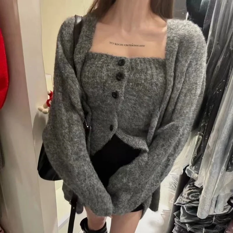 2026 Fashion Female Outwear Single Button Tube Top+Loose Plush Knitted Cardigan Solid Knit Sweaters 2-piece Set Autumn Cardigan