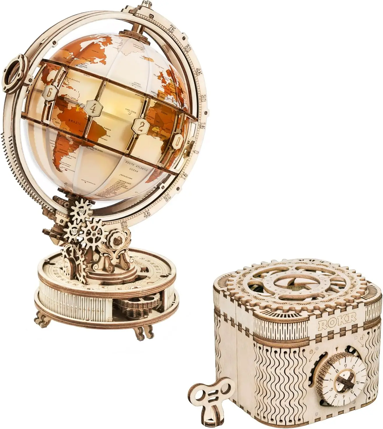 

3D Wooden Puzzles for Adults Bundle Set - Illuminous Globe & Treasure Puzzle Box, Unique Gift Hobby for Boys Girls Family