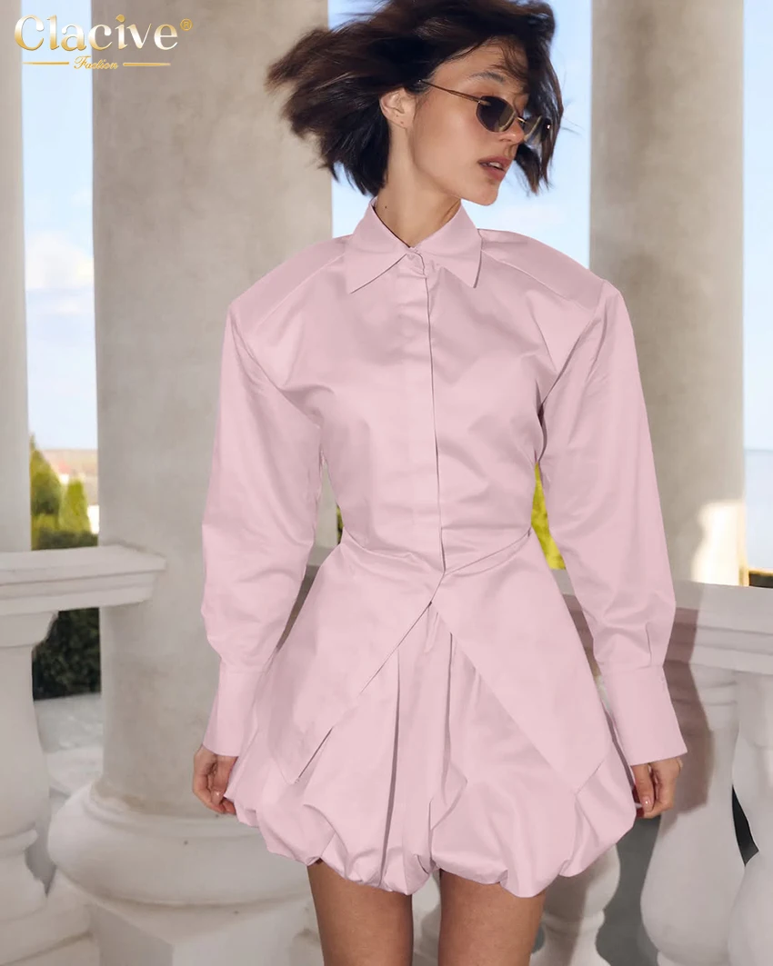 Clacive Fashion Loose Pink Cotton 2 Pieces Set Woman Elegant Long Sleeve Shirt With High Waist Pleated Mini Skirt Set Female