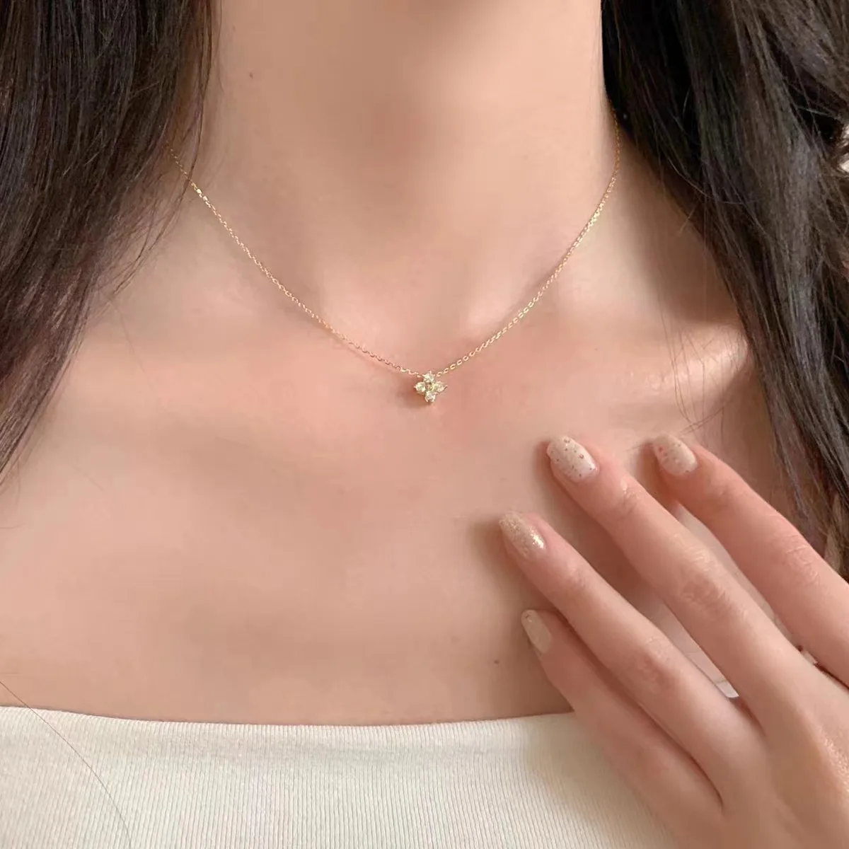 LGKGL Read S925 kalung bunga Zircon berkilau emas 18K berlapis perak murni untuk hadiah perhiasan pesta indah gadis wanita