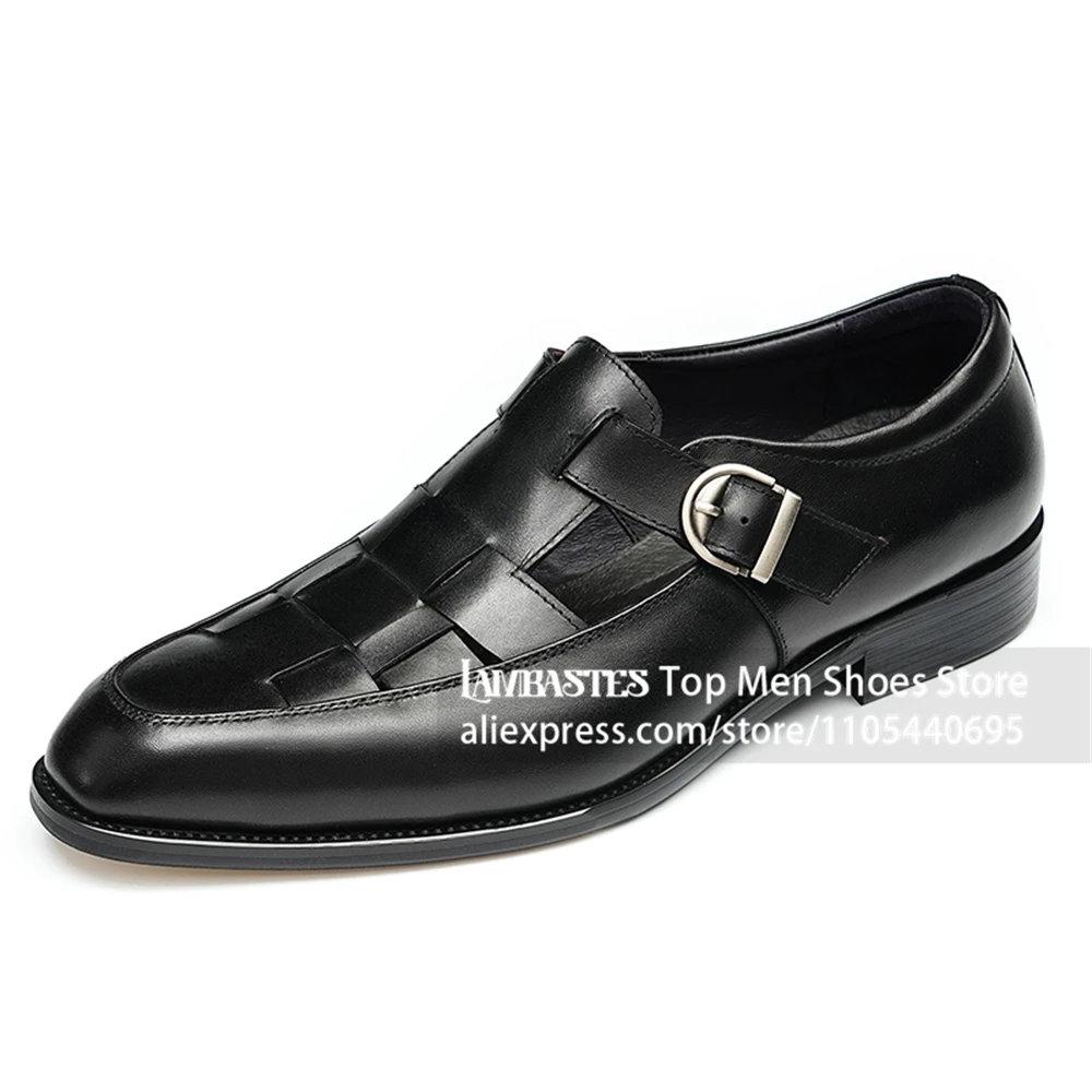 Buckle Strap Summer Business Leather Sandals Men's Black Woven Leather Monk Strap Sandals Closed Almond Pointed Toe Summer Shoes