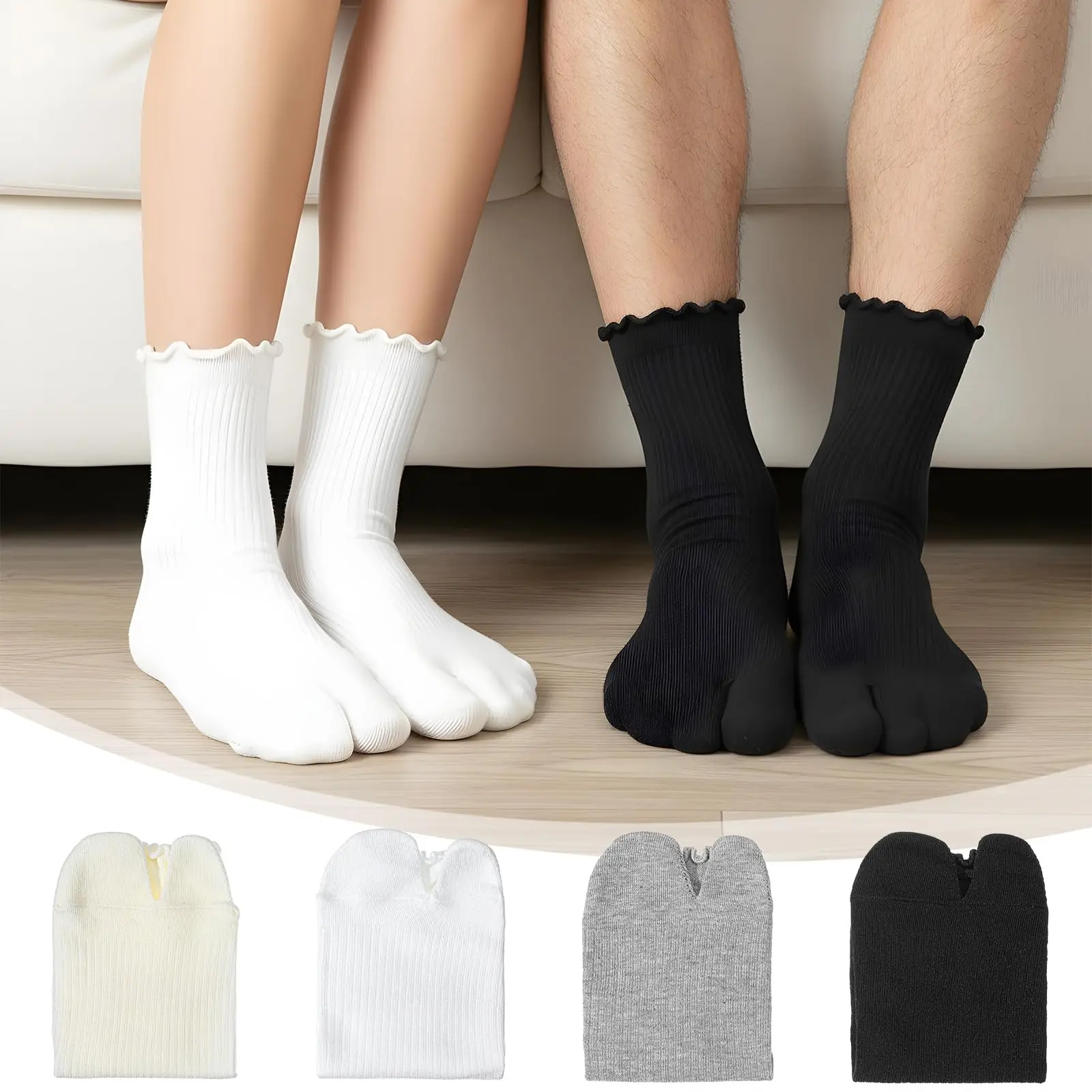 Japanische Baumwoll-Zehensocken mit Rüschenrand für Damen, Einfarbige Zwei-Zehen-Socken, Harajuku Hochelastische Unisex Tabi-Socken – Detail 1