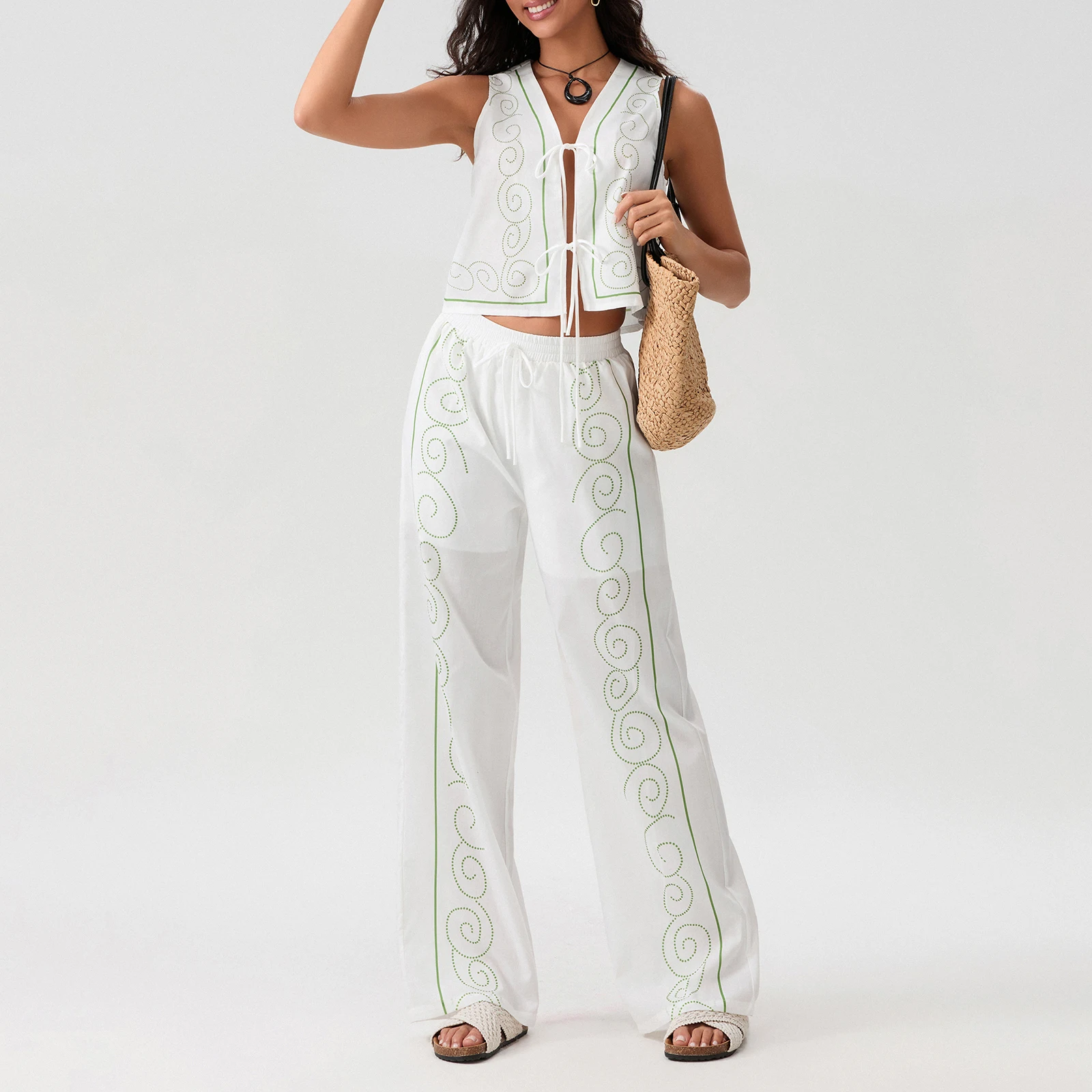 

Women Summer Pants Outfits Circle Embroidery Tie-Up Front Tank Tops Elastic Waist Long Pants 2 Pieces Clothes Set