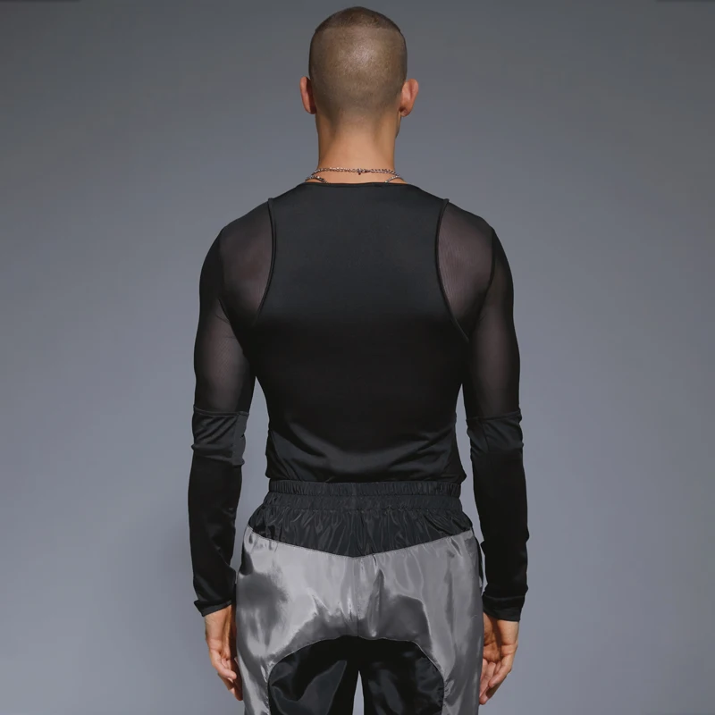 2023 Men Bodysuits Mesh Patchwork Zipper O-neck Long Sleeve Transparent Rompers Streetwear Sexy Fashion Male Bodysuit INCERUN