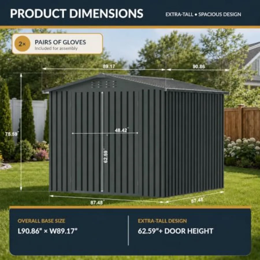 Outdoor metal storage shed for backyard, patio, garage, lawn; dark gray; upgraded frame, lockable doors, sloped roof